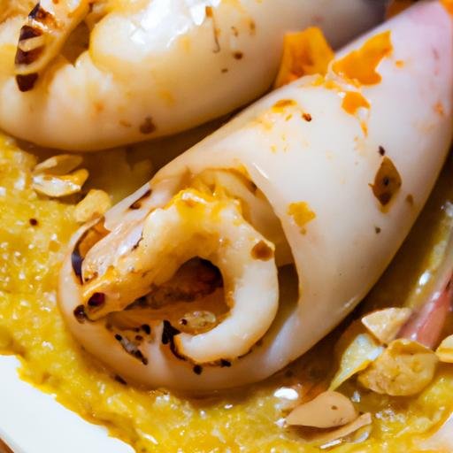 Calamares rellenos de gambas en salsa de almendras Thermomix