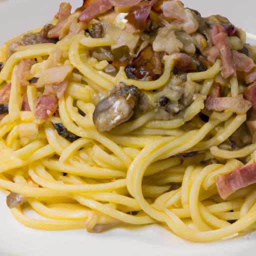 Espaguetis a la carbonara con nata bacon y champiñones Thermomix