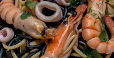 Espaguetis nero di sepia con gambas y calamares Thermomix