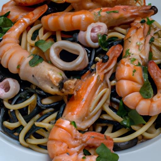 Espaguetis nero di sepia con gambas y calamares Thermomix